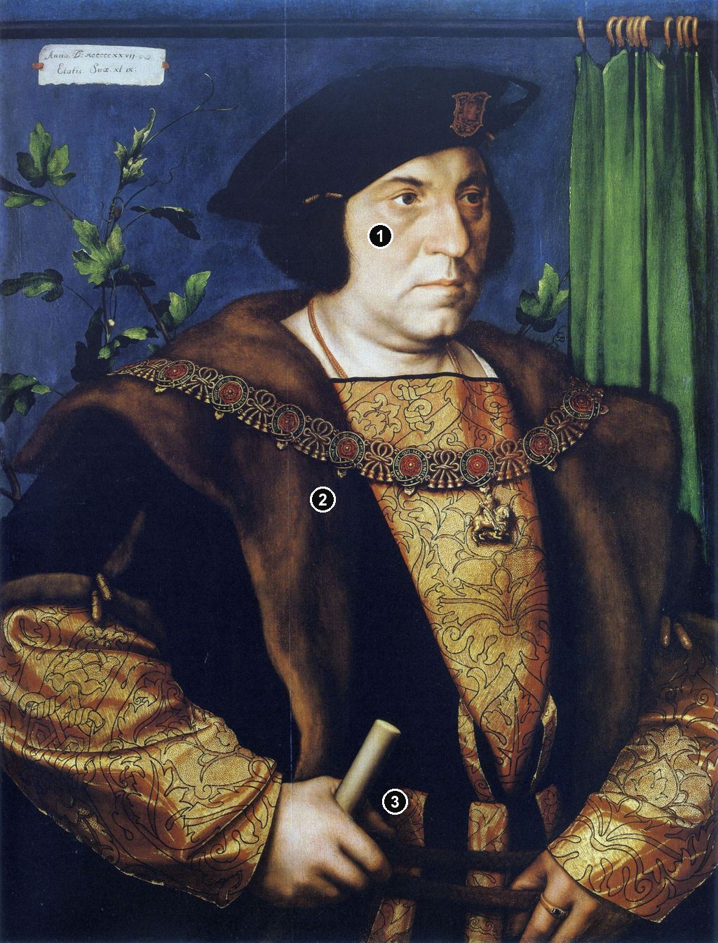 Annotated details from Sir Henry Guildford by Hans Holbein the Younger